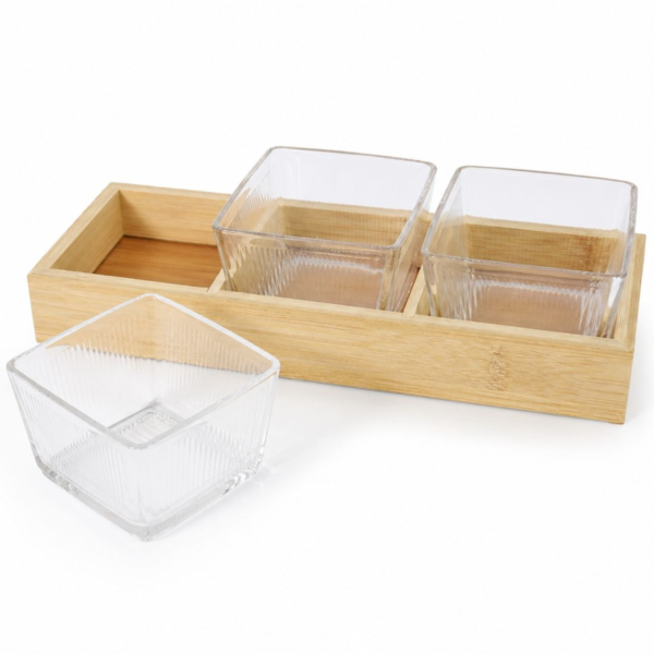 Copetinero de vidrio x3 con base de madera