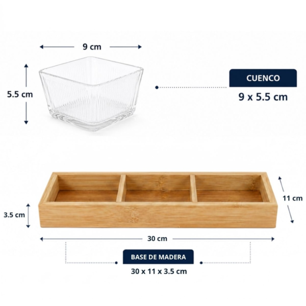 Copetinero de vidrio x3 con base de madera