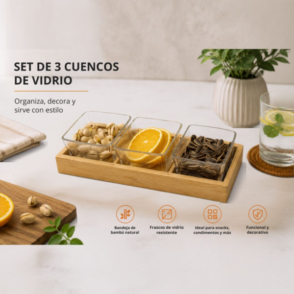 Copetinero de vidrio x3 con base de madera