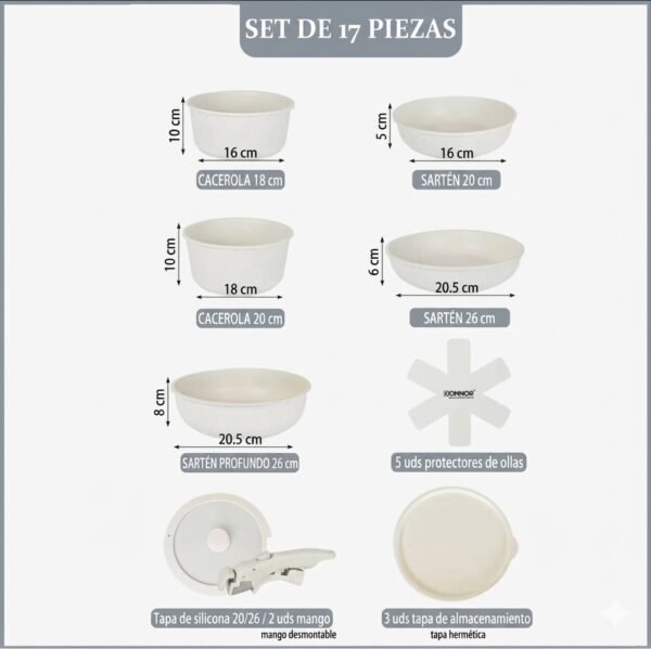 Juego de Ollas y Sartenes Donnor 17 Piezas Mango Desmontable Negro
